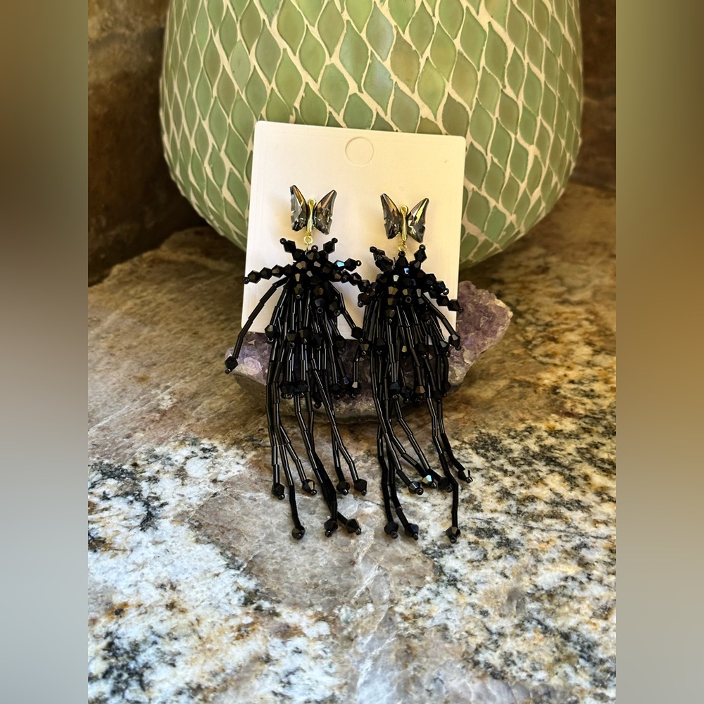 Gold Black Butterfly Beaded Earrings